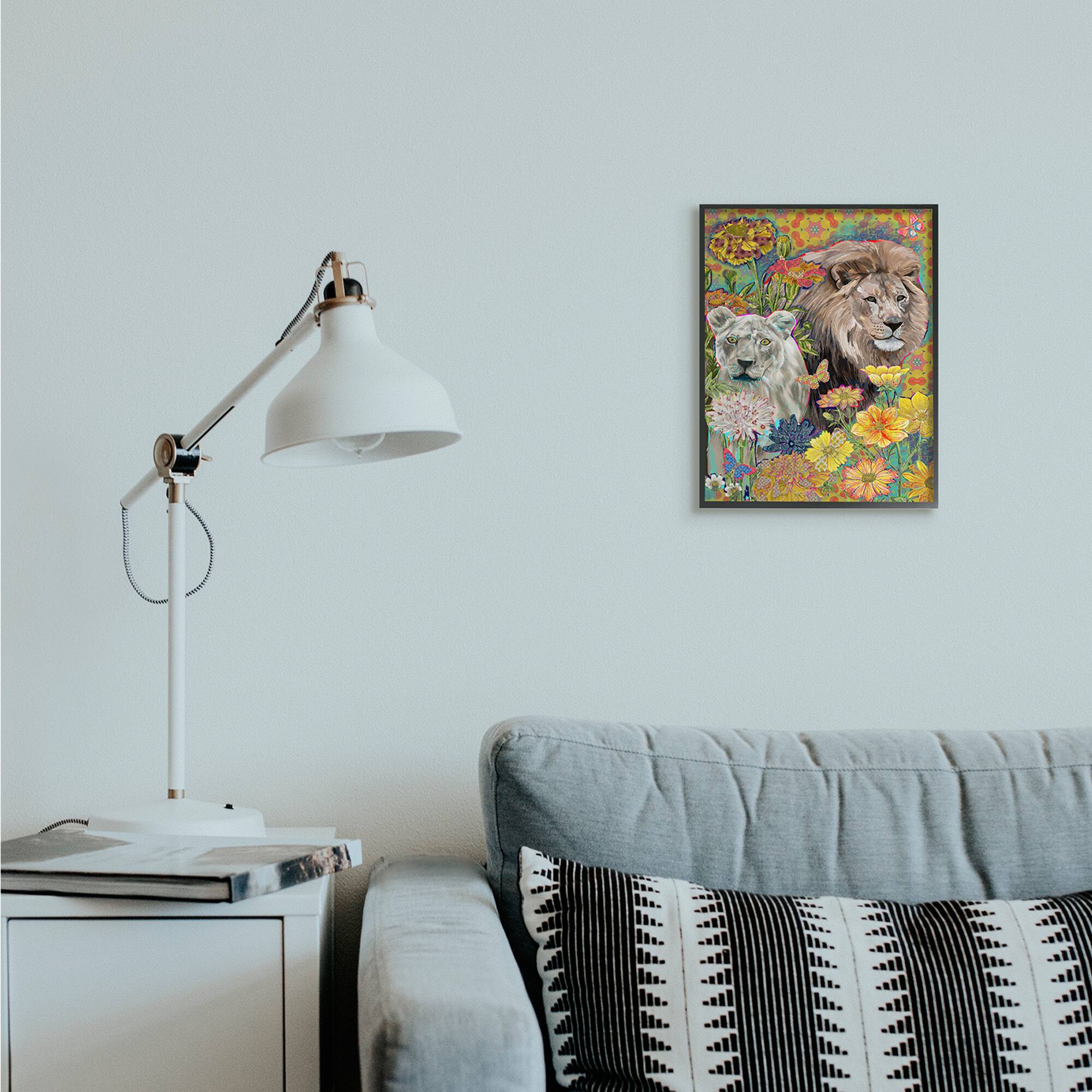 Stupell Industries Lion Couple Behind Tropical Florals Arabesque Pattern in Frame Wall Art